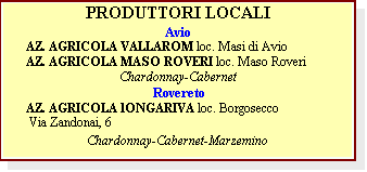 Casella di testo: PRODUTTORI LOCALI
Avio
       AZ. AGRICOLA VALLAROM loc. Masi di Avio
       AZ. AGRICOLA MASO ROVERI loc. Maso Roveri
Chardonnay-Cabernet
 Rovereto
       AZ. AGRICOLA lONGARIVA loc. Borgosecco 
        Via Zandonai, 6
Chardonnay-Cabernet-Marzemino
